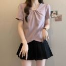 大码时尚设计v领短袖t恤女夏季新款遮肚子胖mm百搭显瘦不规则上衣