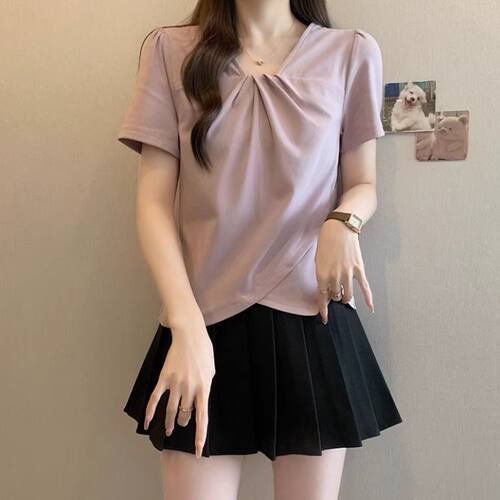 大码时尚设计v领短袖t恤女夏季新款遮肚子胖mm百搭显瘦不规则上衣