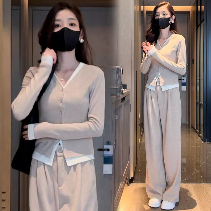 大码时尚休闲套装春秋季新款胖MM显瘦假两件长袖上衣阔腿裤两件套