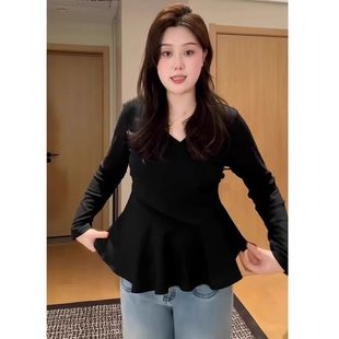 内搭可外穿胖mm遮肚子藏肉显瘦上衣 大码 黑色v领打底衫 女夏季 新款