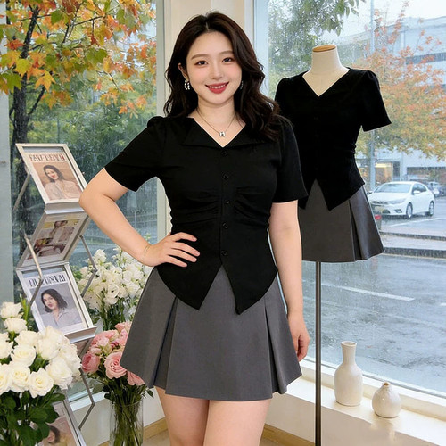 大码胖mm法式V领正肩褶皱短袖T恤女夏季遮肉开叉收腰显瘦辣妹上衣