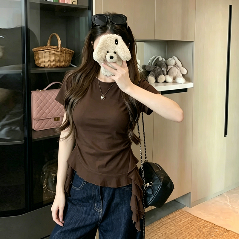 法式设计感飘带短袖t恤女胖mm大码夏季显瘦不规则荷叶边上衣240斤
