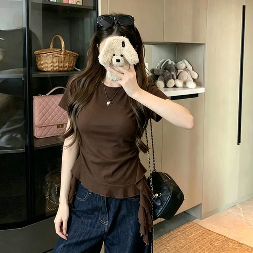 法式设计感飘带短袖t恤女胖mm大码夏季显瘦不规则荷叶边上衣240斤