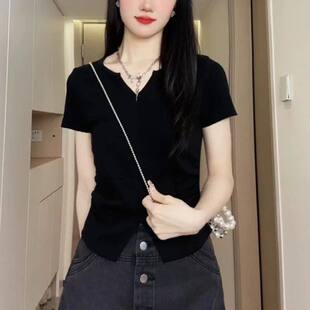 大码 女夏季 不规则显瘦遮肉小衫 上衣 微胖mm韩系简约v领正肩T恤短袖