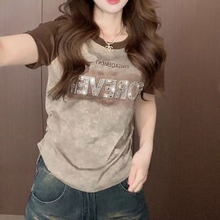 休闲百搭绝美别致上衣潮 大码 烫钻印花撞色短袖 t恤女夏季 胖MM时尚