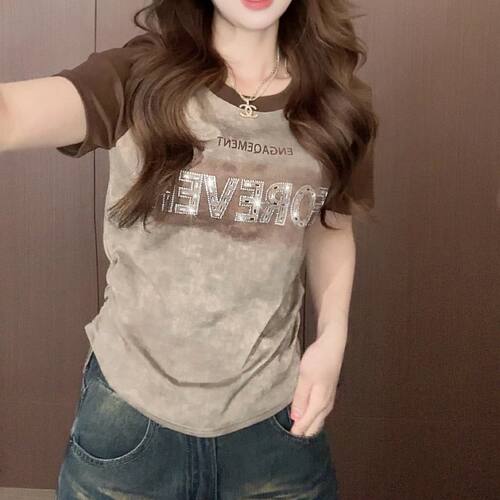 大码烫钻印花撞色短袖t恤女