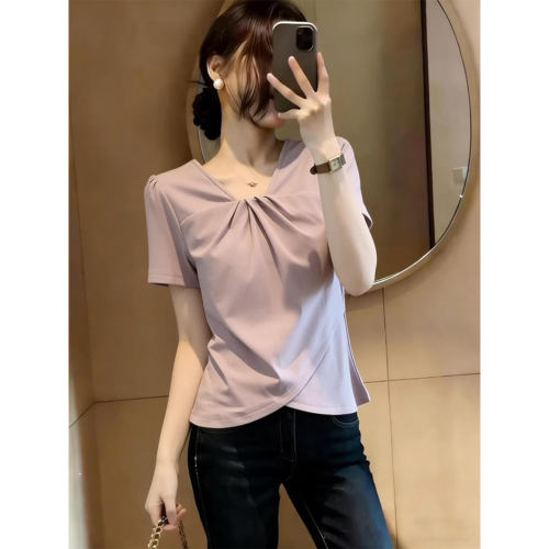 设计感遮肚子V领正肩短袖T恤女胖妹妹夏季显瘦不规则绝美漂亮上衣