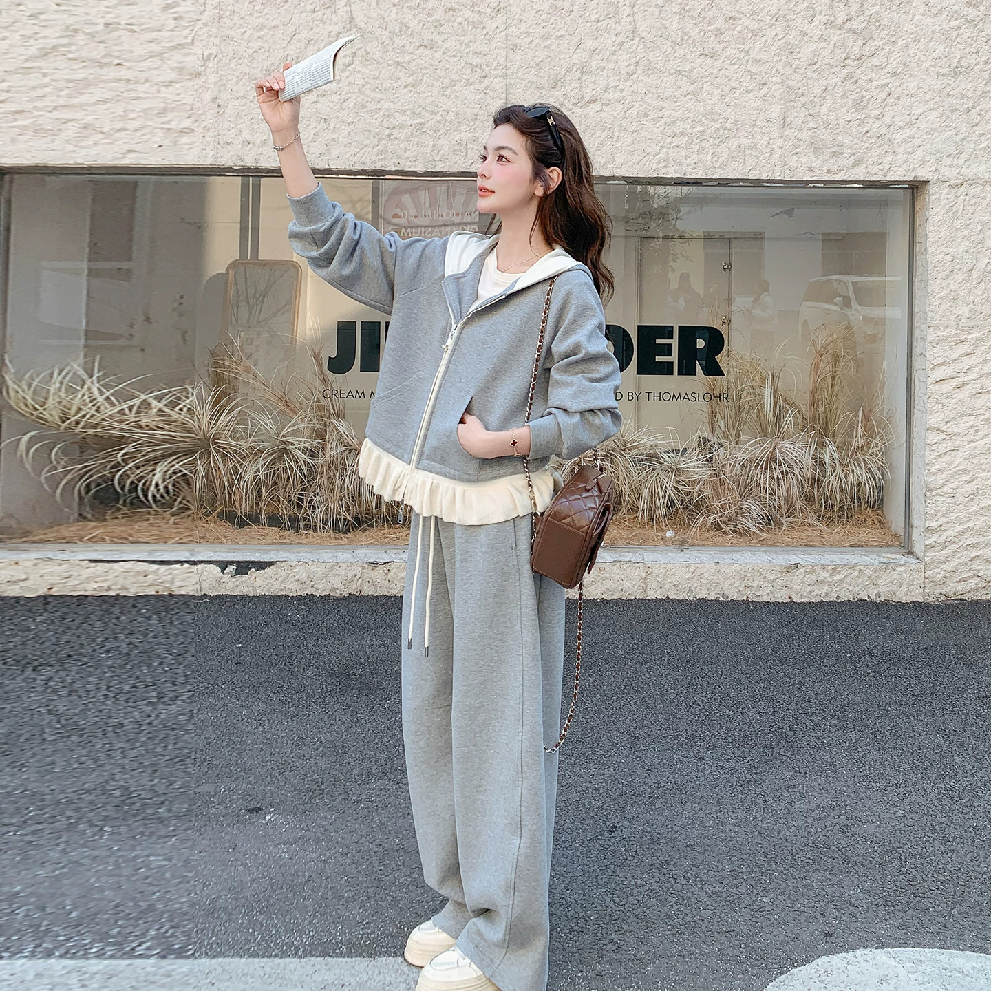 撞色裙摆连帽卫衣外套阔腿裤两件套女春秋胖mm大码独特设计感套装