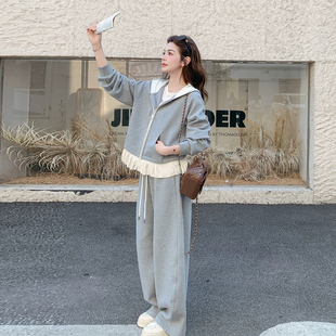 撞色裙摆连帽卫衣外套阔腿裤两件套女春秋胖mm大码独特设计感套装