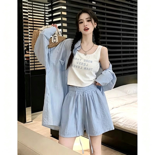 夏季防晒衬衫外套搭配背心短裤三件套胖mm大码减龄时尚套装300斤