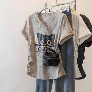 独特别致收腰遮肉短袖 夏季 t恤女胖mm宽松不规则上衣240斤 新款 大码