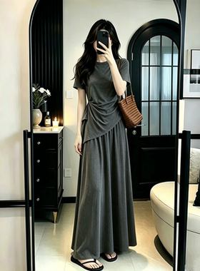 大码胖MM女夏天穿搭一整套慵懒风休闲显瘦短袖上衣半身裙两件套装