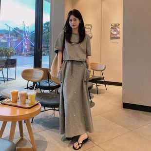 大码韩国女装夏季新款胖mm时尚感减龄高级亮晶晶气质上衣裙子套装
