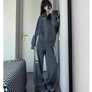 大码胖MM韩系简约春秋款女装拼接洋气休闲小众宽松运动服两件套潮