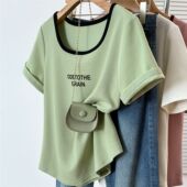 新款 t恤女夏季 胖MM显瘦遮肚百搭方领上衣 U领撞色字母印花短袖 大码