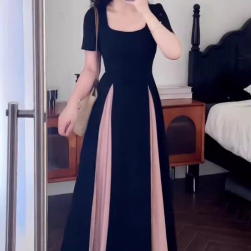 大码法式网纱拼接别致连衣裙女夏季新款胖mm收腰显瘦气质小黑裙子