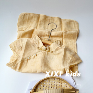 女童旗袍夏黄色天丝小女孩洋气中国风汉服宝宝复古轻薄小旗袍周岁