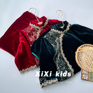 女童金丝绒旗袍红色复古汉服儿童连衣裙汉服宝宝长款唐装拜年服