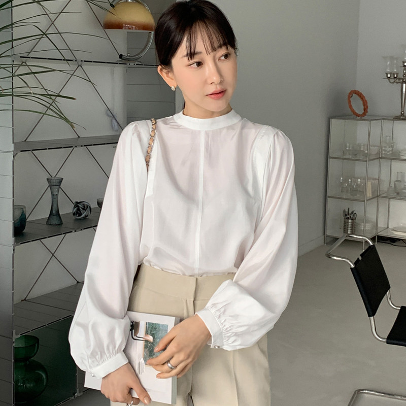 2022春夏东大门时尚百搭简约气质个性设计圆领长袖套头宽松女衬衫