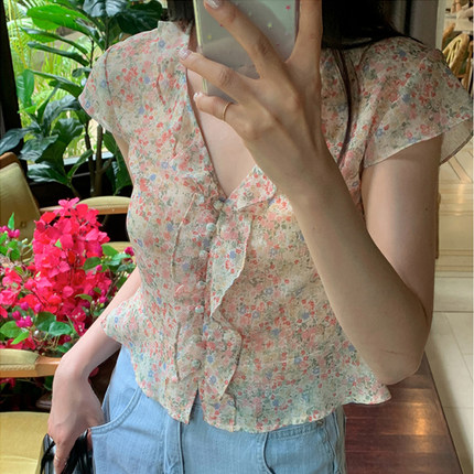 现货24夏love-minuet时尚百搭甜美清新印花V领花边短袖雪纺女衬衫