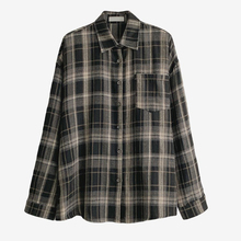 2025春cherrykoko时尚百搭简约气质格子棉料宽松式翻领长袖女衬衫