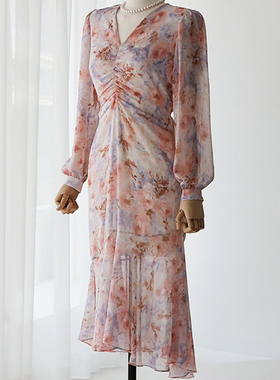 2021夏季joon时尚百搭甜美清新范水墨印染仿天丝雪纺连衣裙女长裙