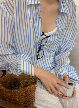 2024秋love-minut时尚百搭简约文艺彩色条纹宽松式翻领长袖女衬衫