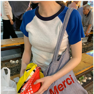 针织女T恤 2025夏季 love minuet时尚 基础百搭简约撞色圆领弹力短袖