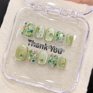 指甲贴片 高级感2025新款 绿色猫眼美甲穿戴甲短款 纯手工甲片穿戴式