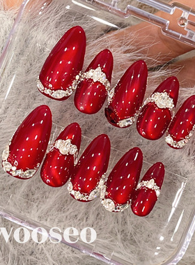 红色猫眼穿戴甲中长款2025新款手工指甲贴片高质量爆款穿戴美甲
