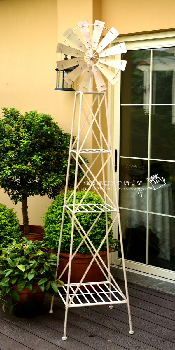 美式乡村铁艺做旧花园大风车户外风车型三层花架 园艺地面装饰品