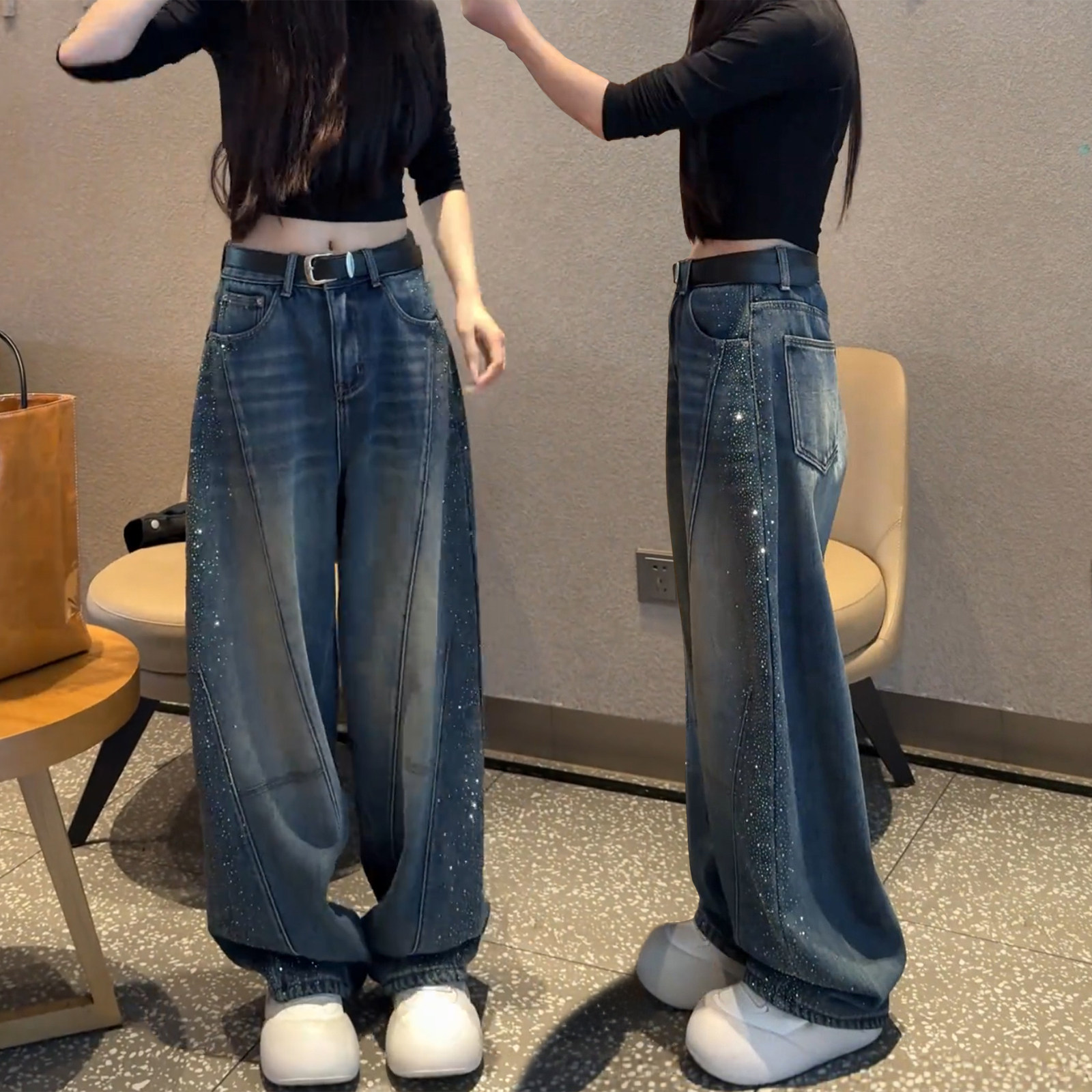 烫钻弯刀阔腿直筒显瘦牛仔裤女图片