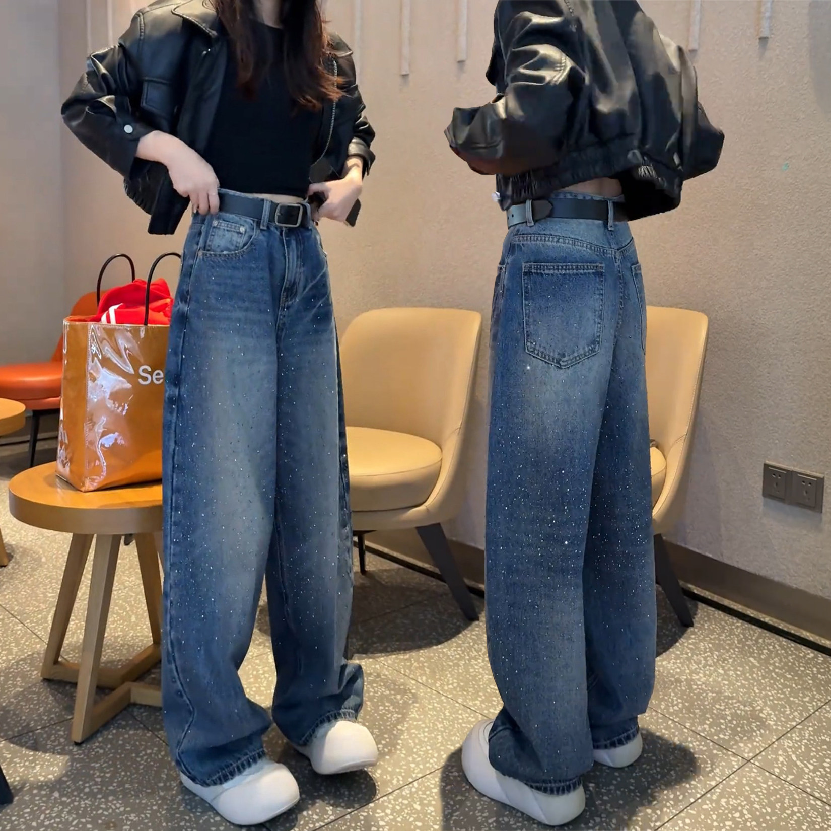 满天星烫钻阔腿牛仔裤女显瘦图片
