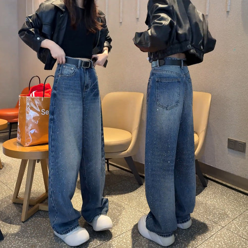 满天星烫钻阔腿牛仔裤女显瘦