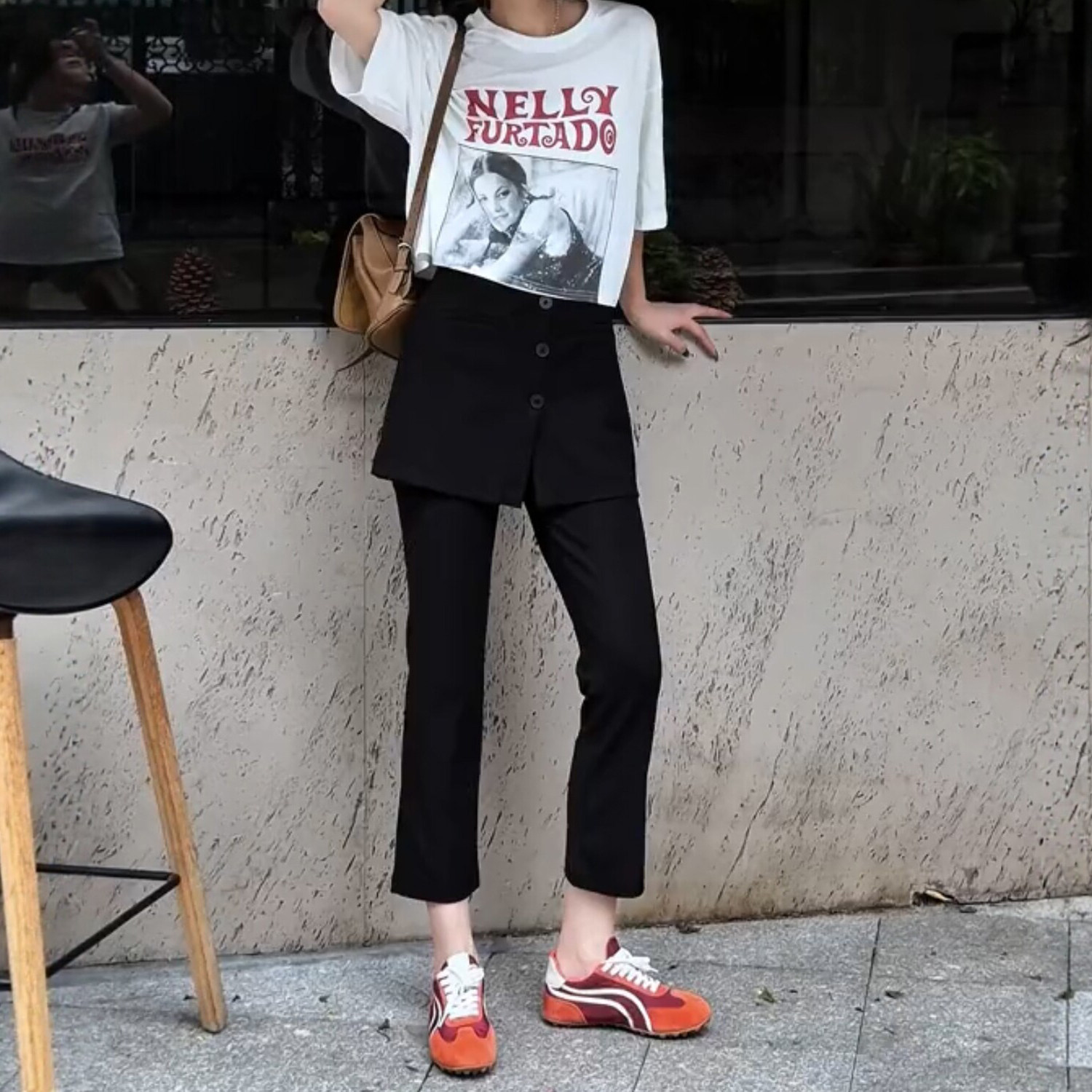 大码显瘦假两件直筒九分西裤女图片