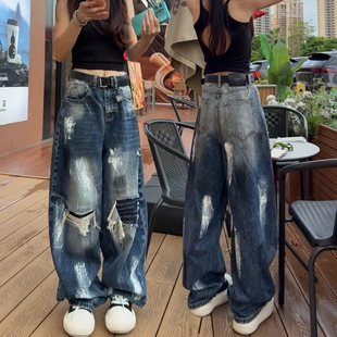 大码弯刀牛仔裤女秋季2026新款美式阔腿裤胖mm显瘦假破洞直筒裤子