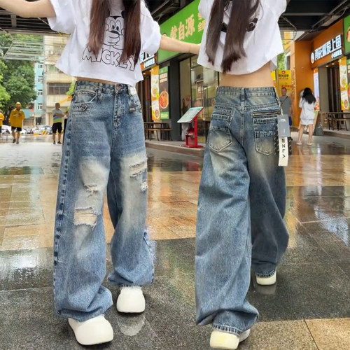 拼接弯刀阔腿显瘦大码女牛仔裤