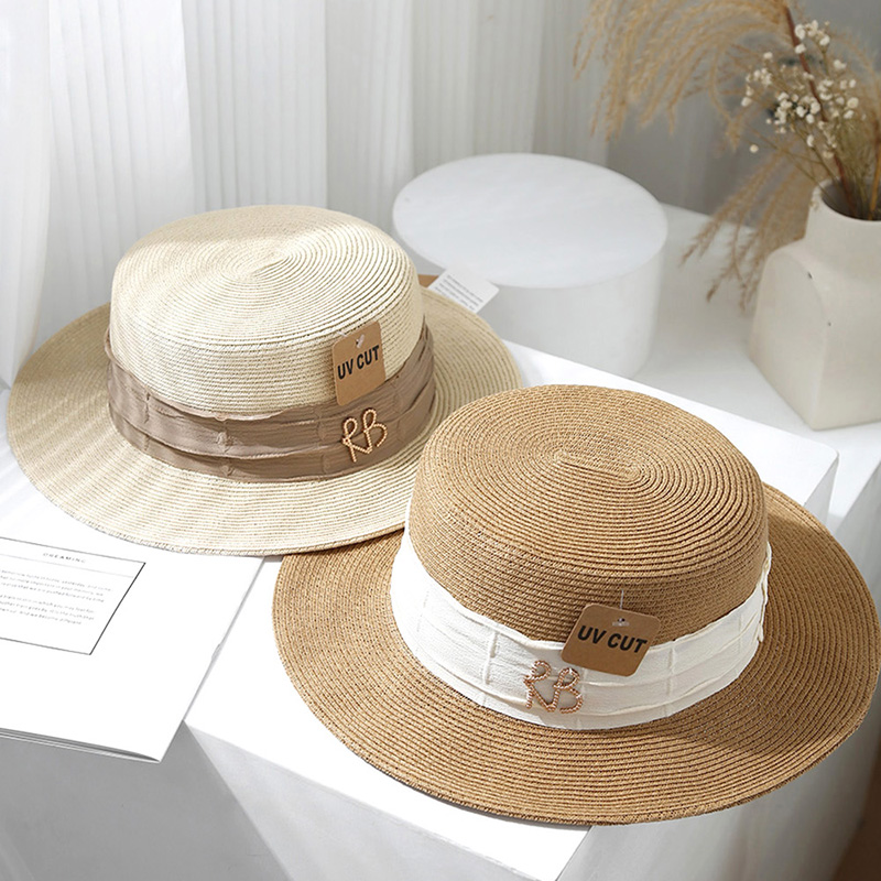 法式平顶草帽子女海边度假时尚帽出游平沿礼帽遮阳草编防晒帽洋气