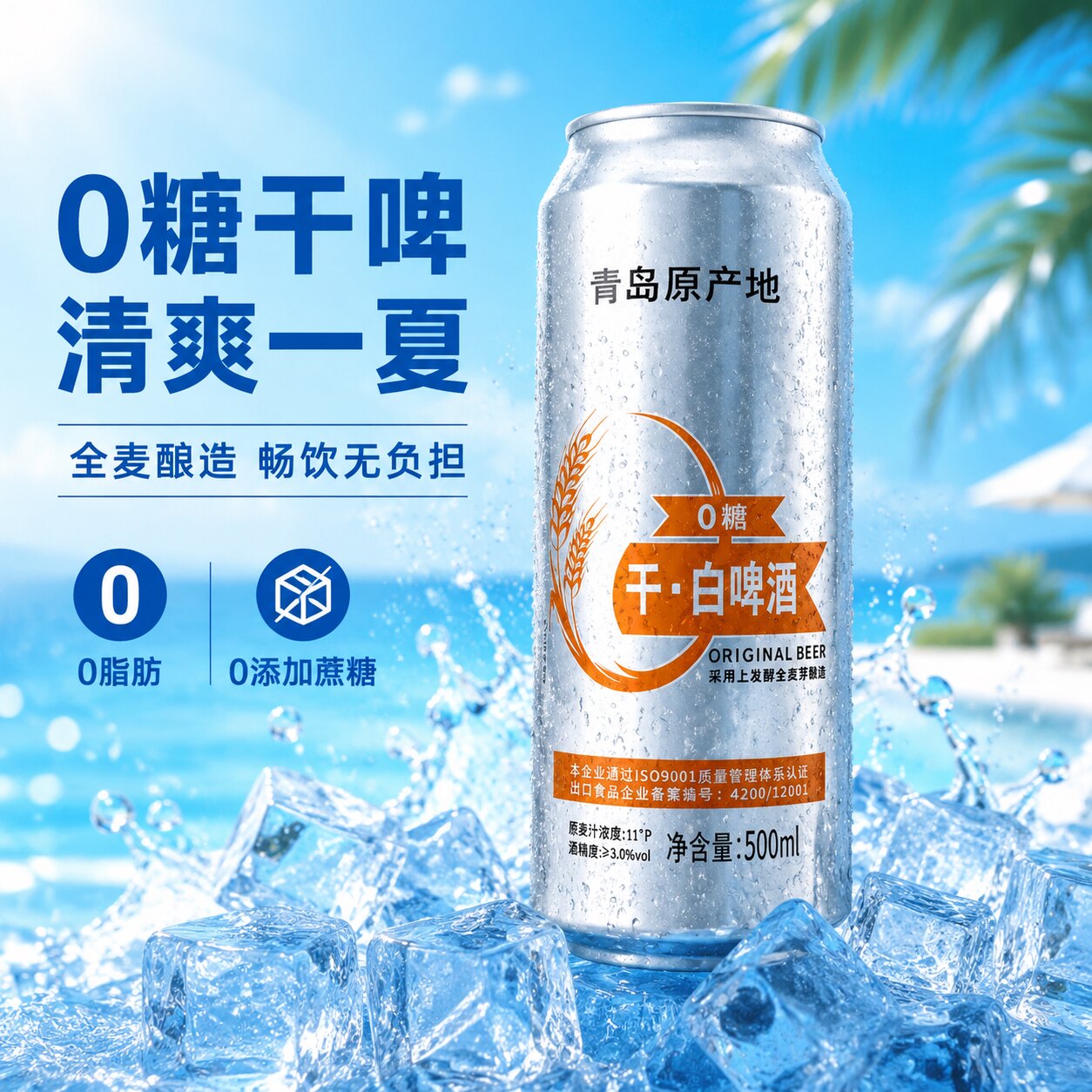 青岛特产0糖干白啤500ml*12罐干啤酒整箱国产度精酿啤酒全麦发酵