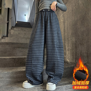 加绒女童裤子2025新款今年流行爆款冬加厚一体绒女孩格子休闲长裤