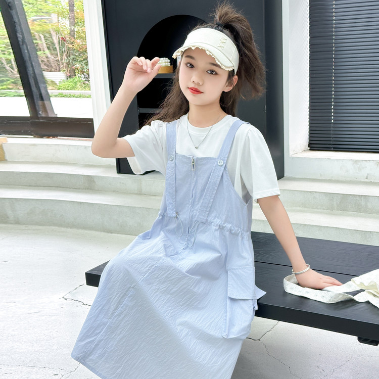 女童牛仔连衣裙夏装套装2025新款韩版洋气儿童短袖背带裙两件套潮
