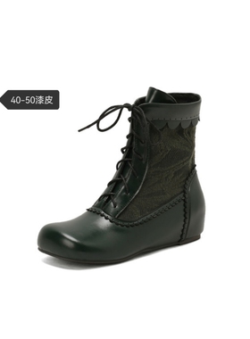 军绿色小短靴44特大码女鞋45圆头棕色女靴46蕾丝系带马丁靴47单靴