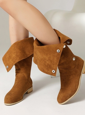 大码女靴子44折叠铆钉两穿靴子46薄款灰色长靴47棕色中筒靴48半靴