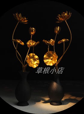 手工桌面莲花金属鎏金莲摆件花瓶