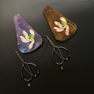 原创设计锻造剪刀绕线款天然紫水晶挂坠茶道手工布套剪刀套刺绣