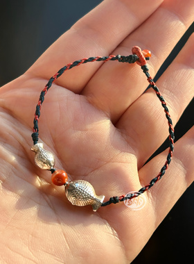 S925纯银双鱼座南红圆珠本命手绳 红绳 组合百搭 手链 纯手工定制