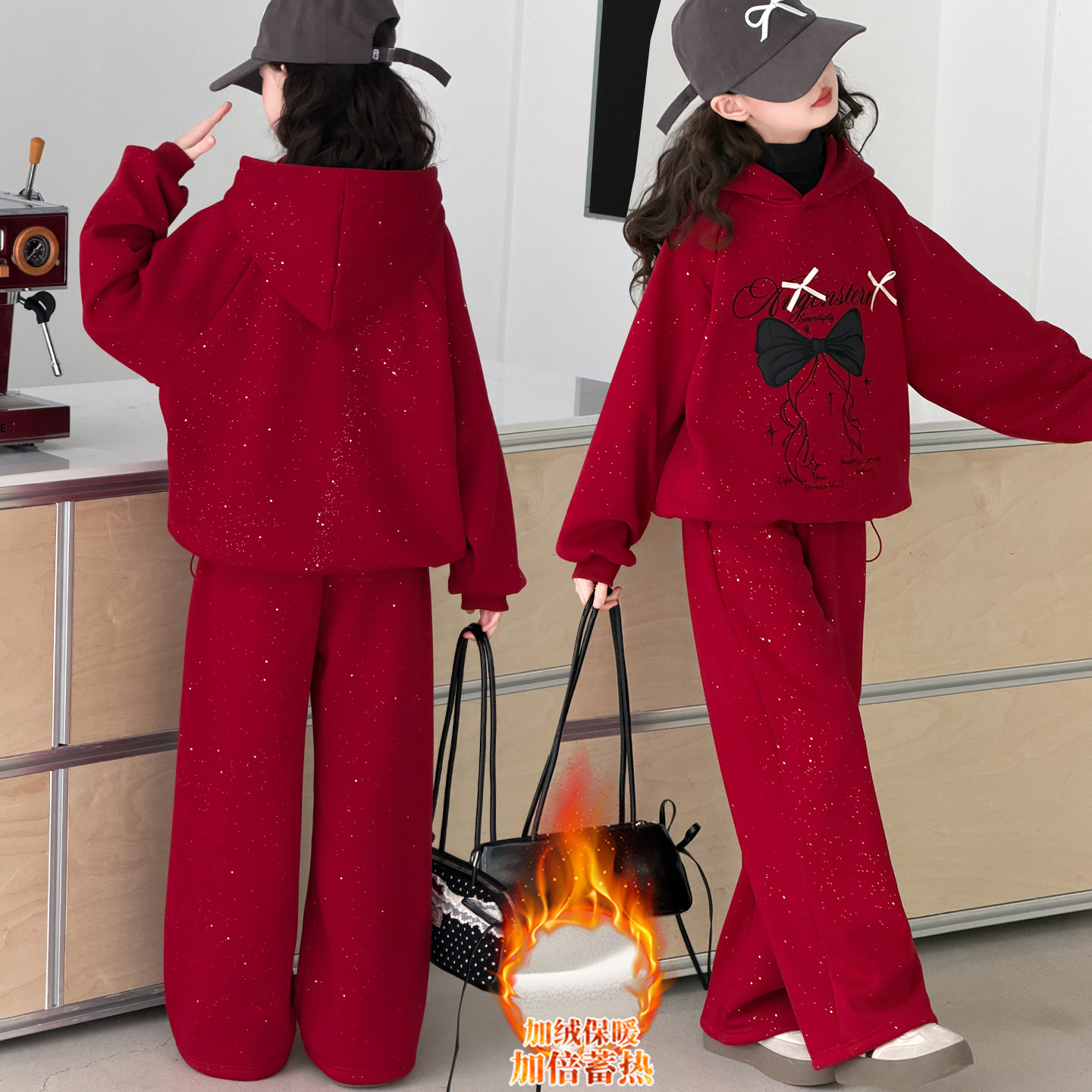 女童年服套装秋冬2026款女孩加厚卫衣卫裤红色洋气中大童新年战袍