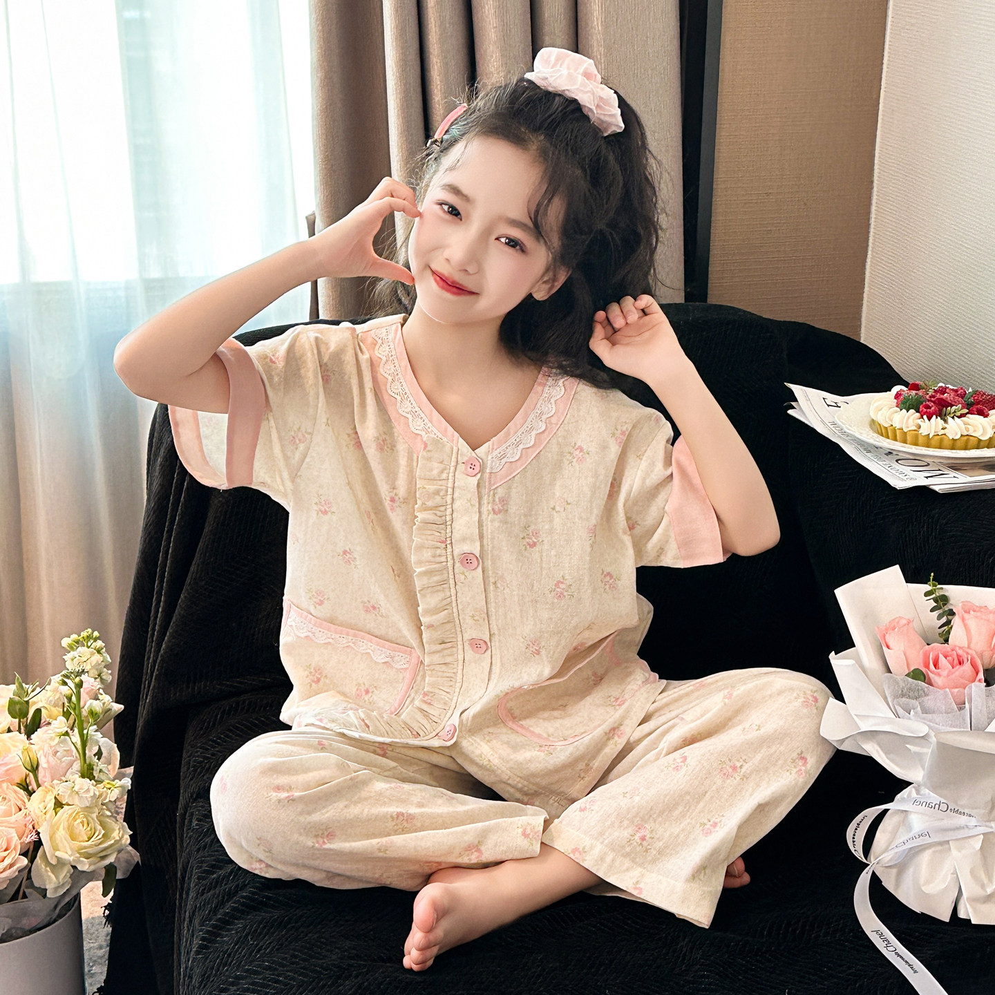 女童甜美风纯棉家居服套装2026中大童小女孩夏季短袖开衫长裤睡衣