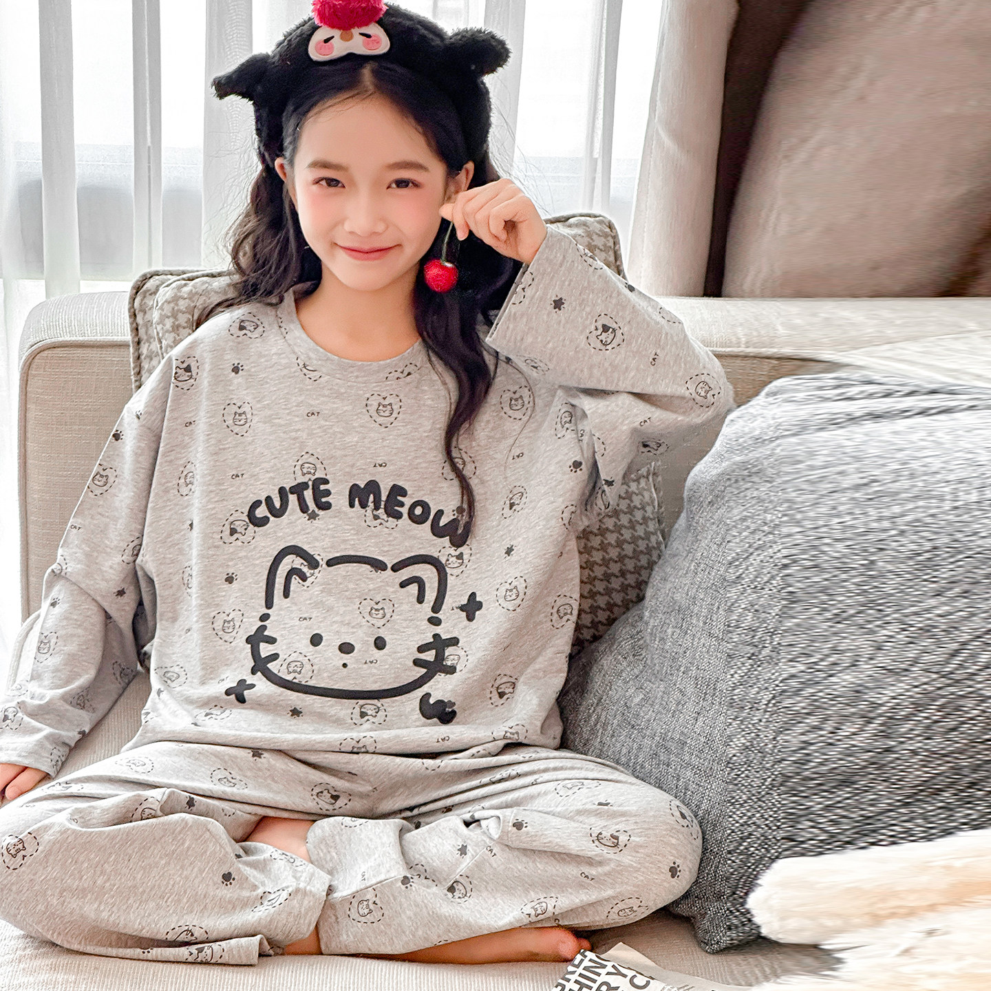 女童睡衣春秋新款女孩纯棉长袖长裤女孩中大童卡通圆领套装家居服,童装/婴儿装/亲子装,家居服套装,淘宝优惠券,粉丝福利购,淘宝优惠卷