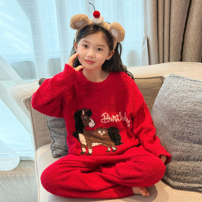 女童睡衣秋冬季2025新款红色套装